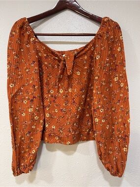 Passport Floral Waffle Knit Tie Front Balloon Sleeve Top Women’s Size XL Brown